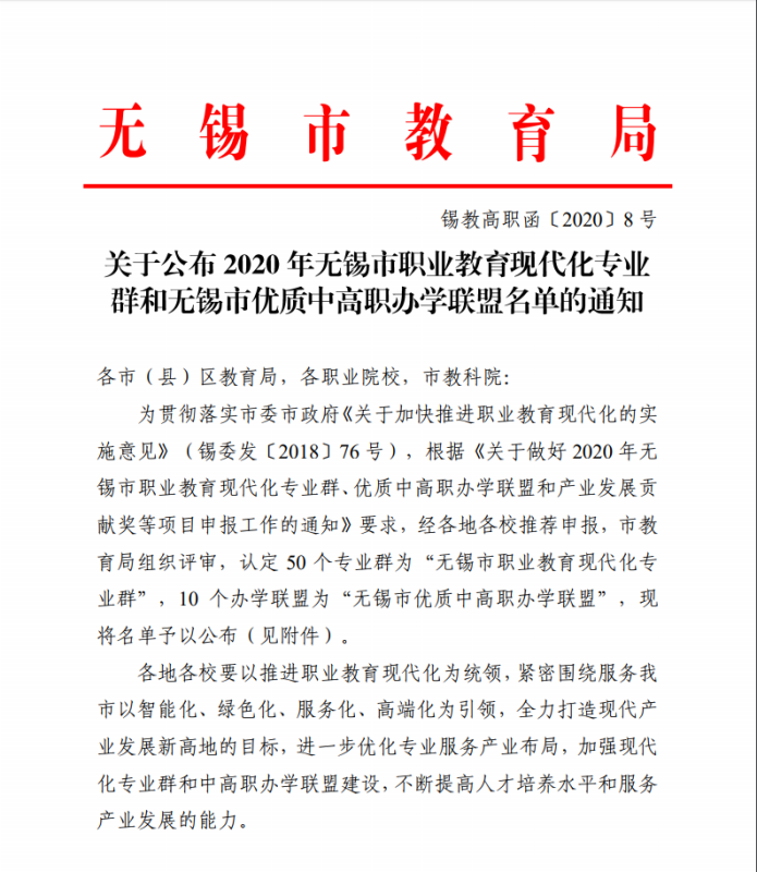 喜报：我校两个专业群获评无锡市职业教育现代化专业群